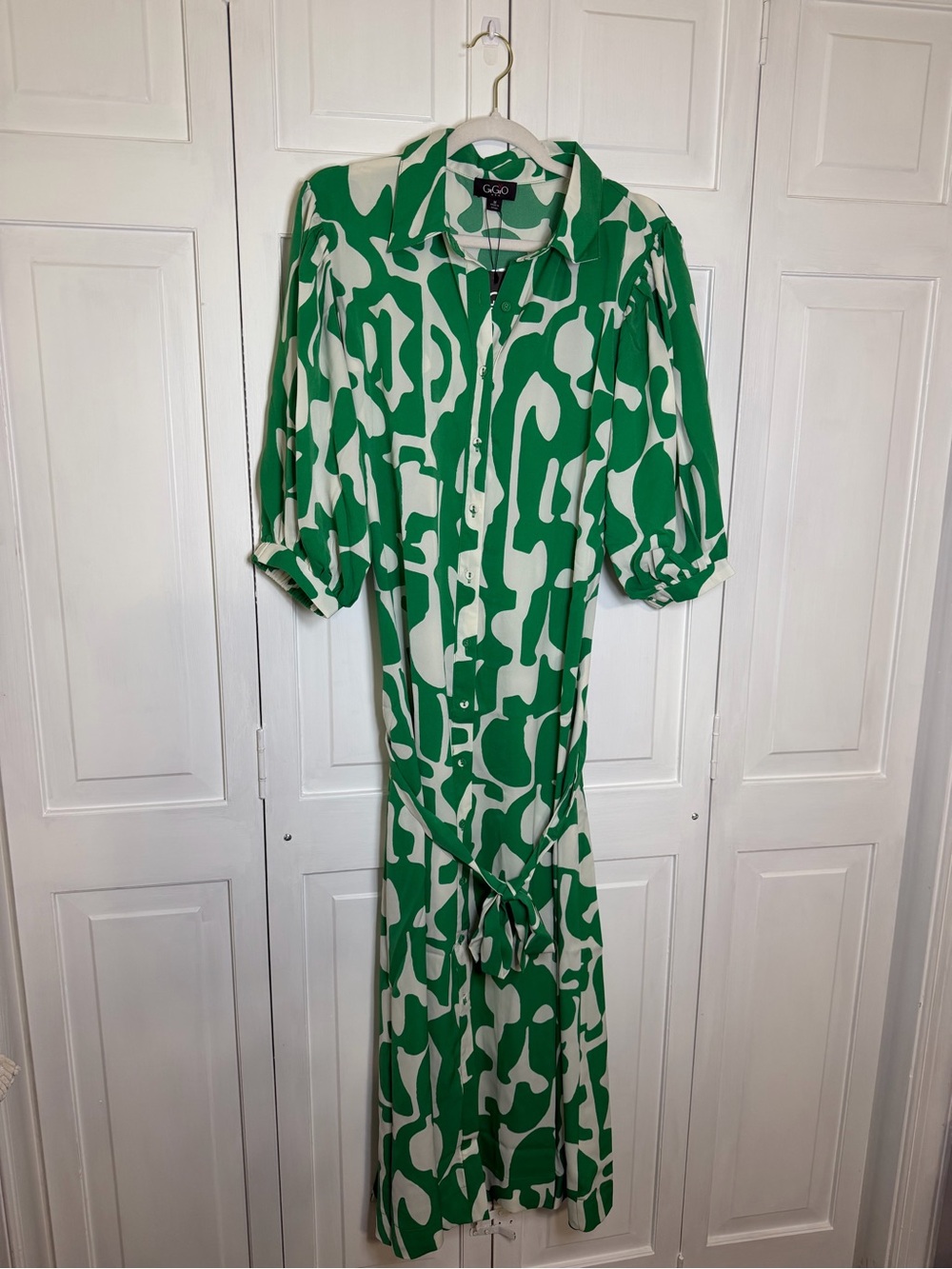 Green & White Printed Button-Front Dress